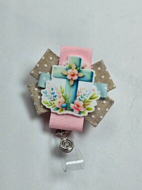 OOAK Handmade Floral Cross Badge Reel Christian Religious ID Lanyard Name Tag